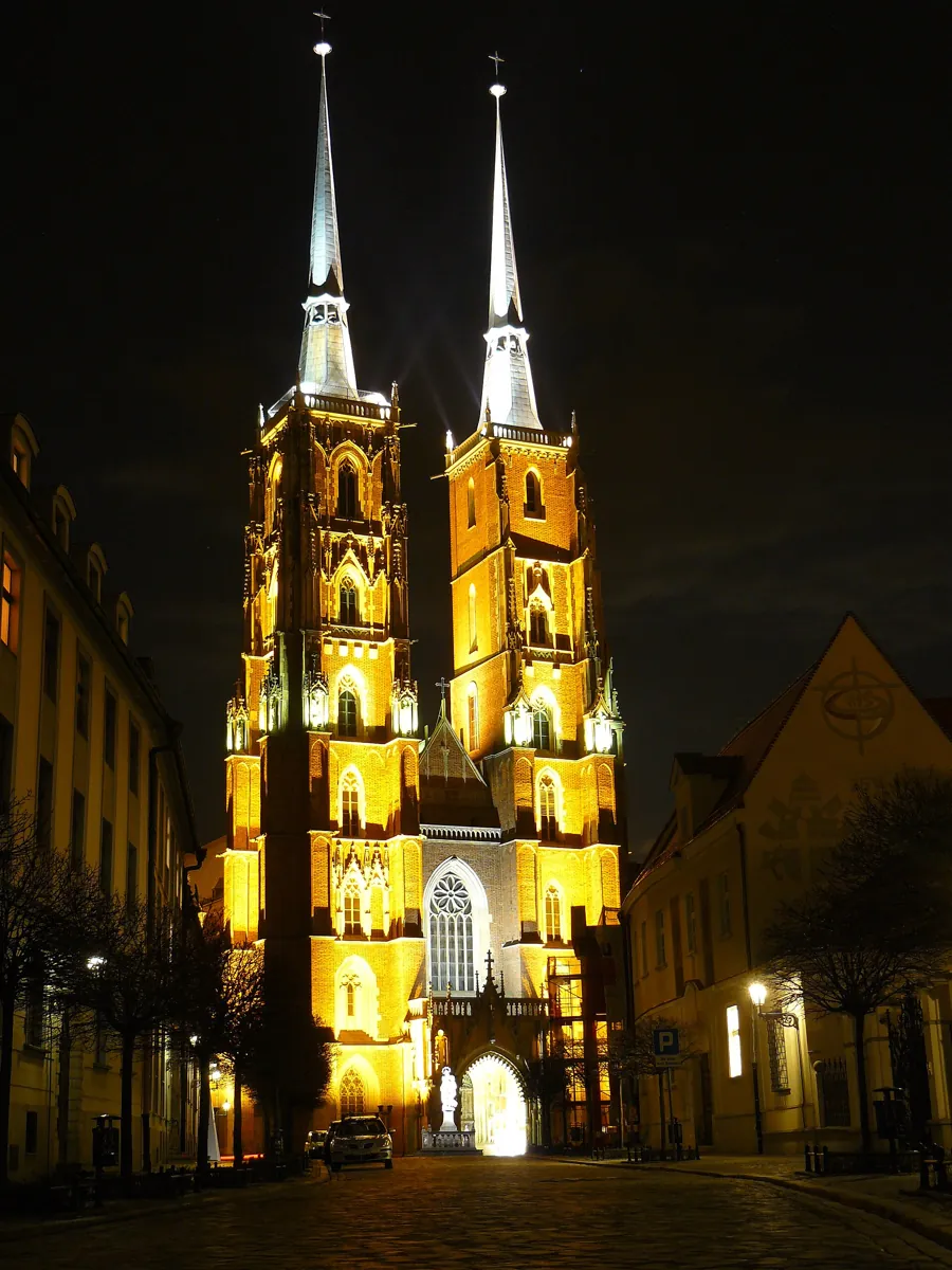 The twin towers of Wrocław Cathedral on Ostrów Tumski, lit at night
