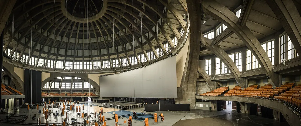 Inside the Centennial Hall in Wrocław: the great concrete dome above the arena