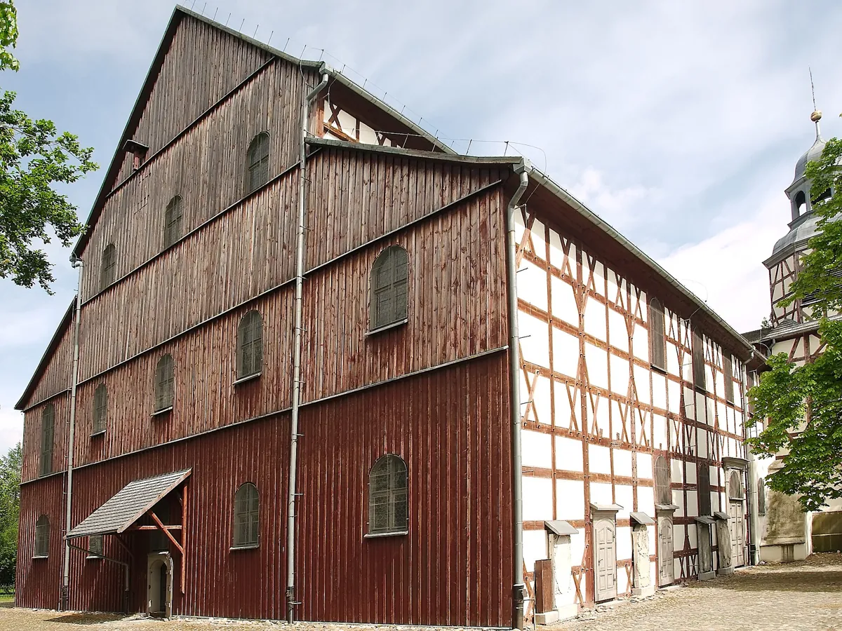 The timber-framed Church of Peace in Jawor, seen from outside