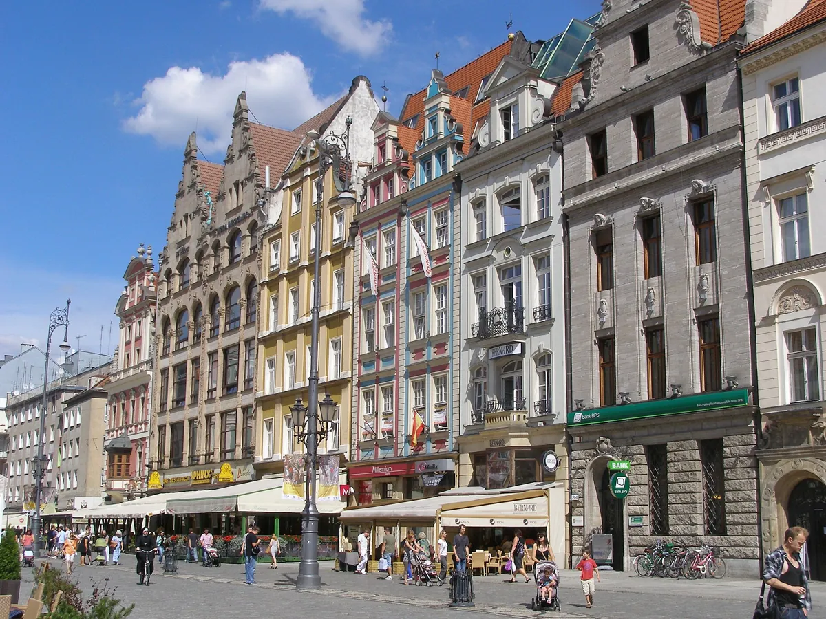 Townhouses on the Market Square in Wrocław, with café terraces along the street