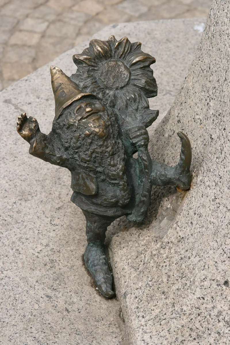 The Życzliwek dwarf, a small bronze figure by the fountain on Plac Gołębi in Wrocław