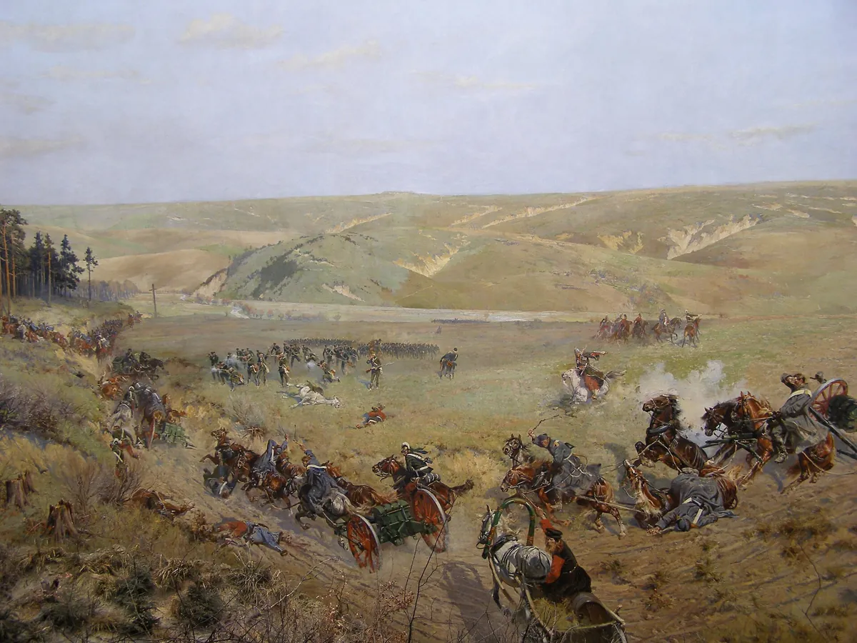 A fragment of the Racławice Panorama in Wrocław: cavalry and a gun carriage charging across a hilly field